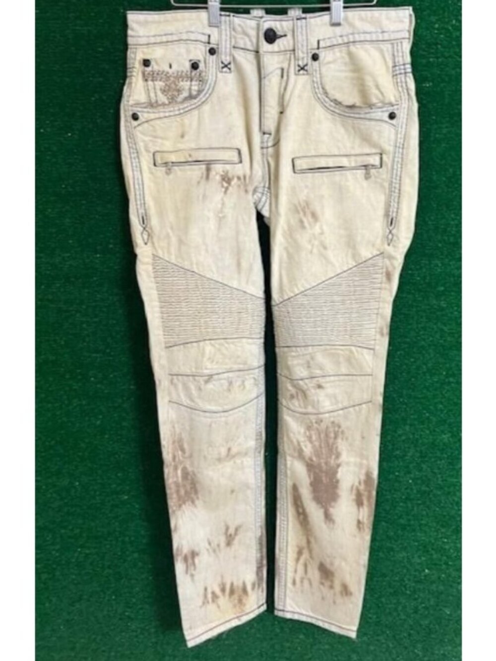Men Rock Revival Beige Distressed Acid Wash Jeans "Callan" Pant Size 32 X 34